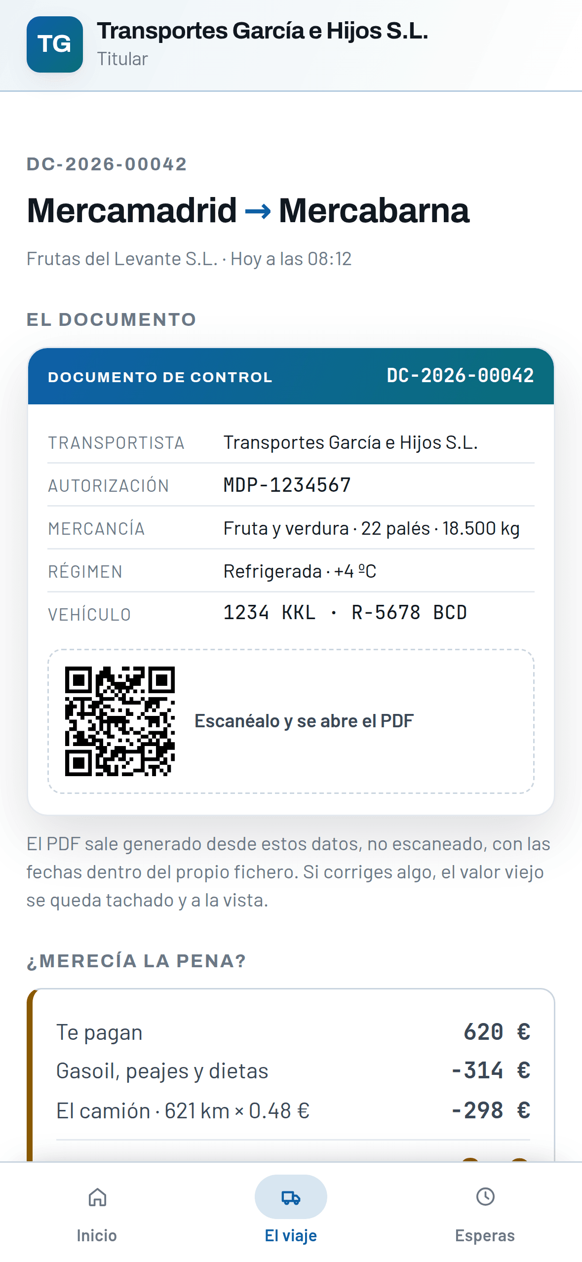 Pantalla del viaje Mercamadrid a Mercabarna con el documento de control DC-2026-00042 y su código QR