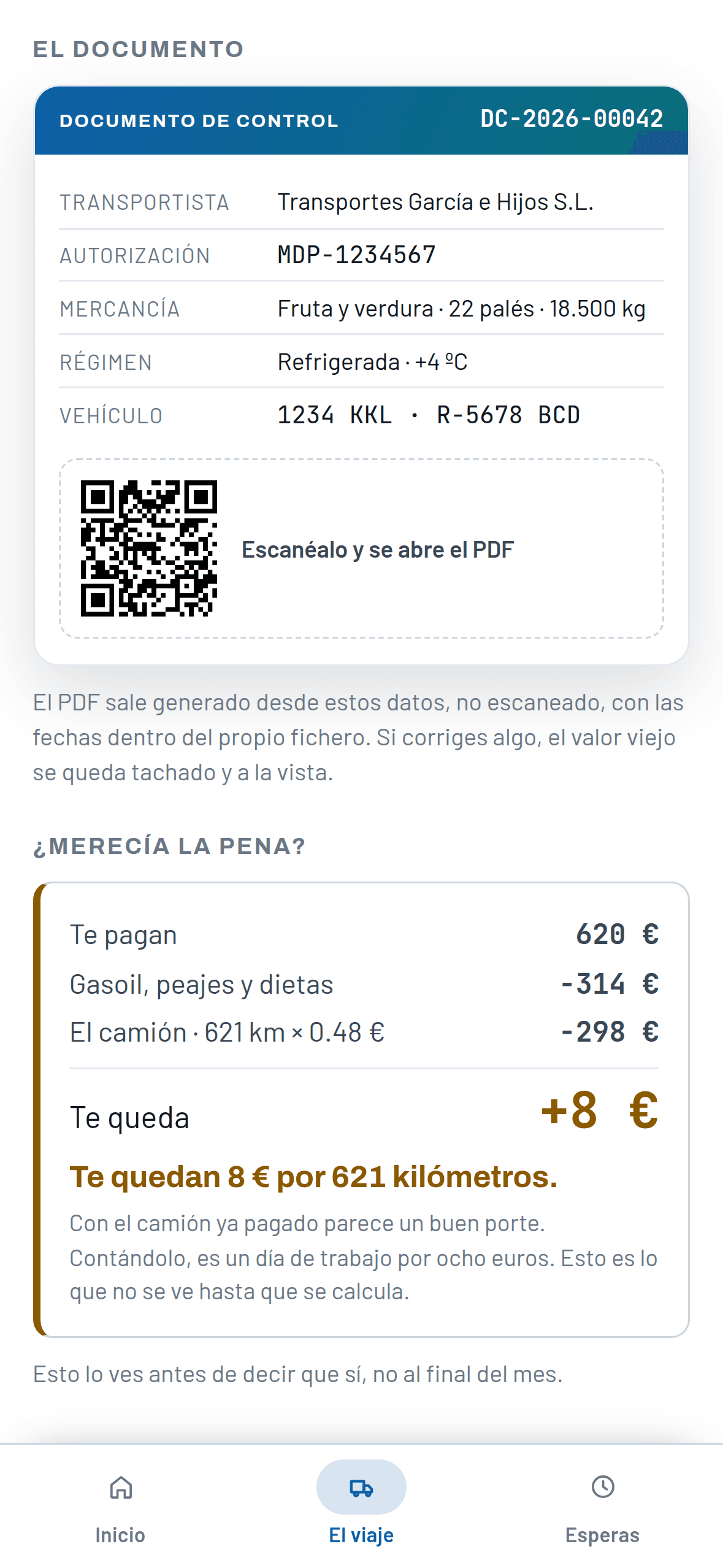 Cuenta del viaje: te pagan 620 euros, gasoil y peajes 314, el camión 298, te queda 8 euros
