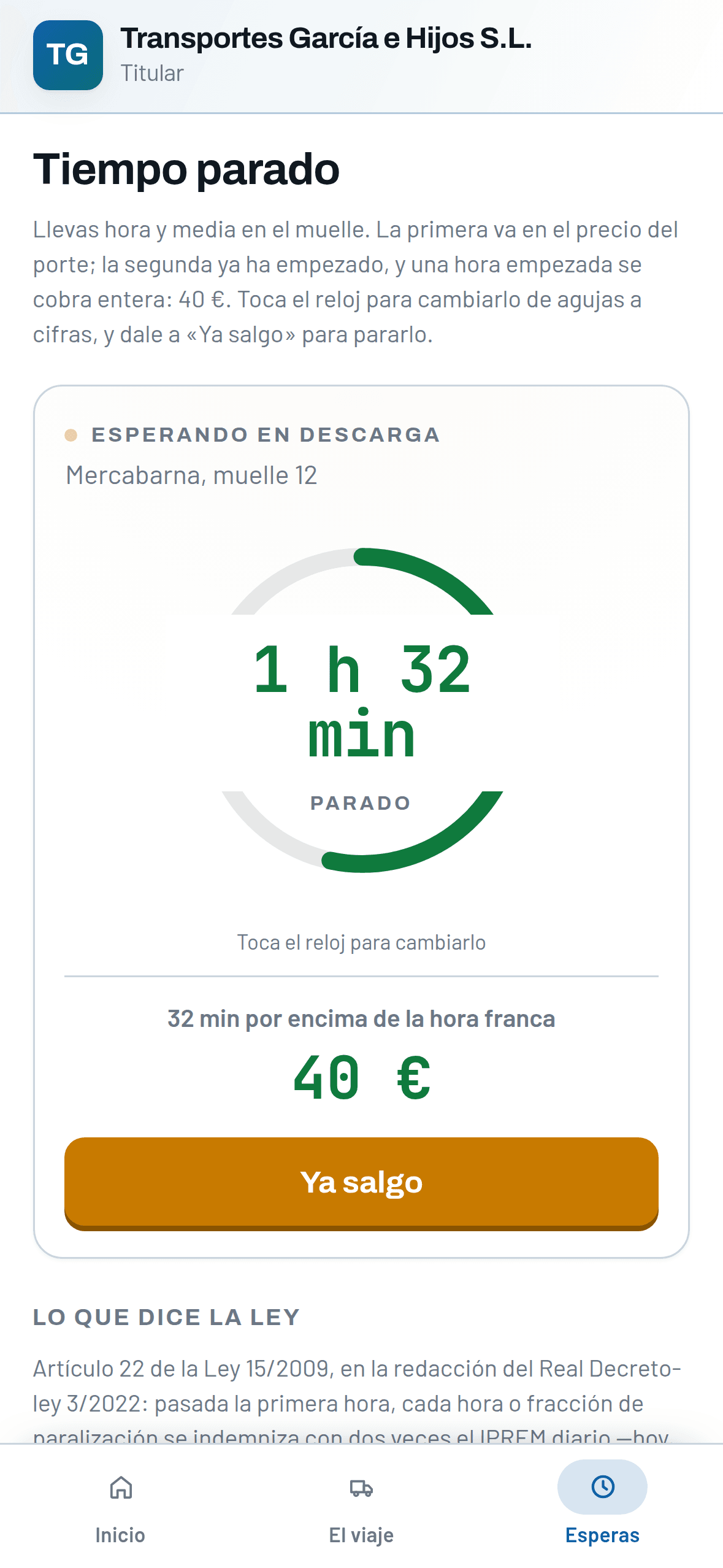 Cronómetro de espera: 1 h 32 min parado en Mercabarna, 40 euros que reclamar