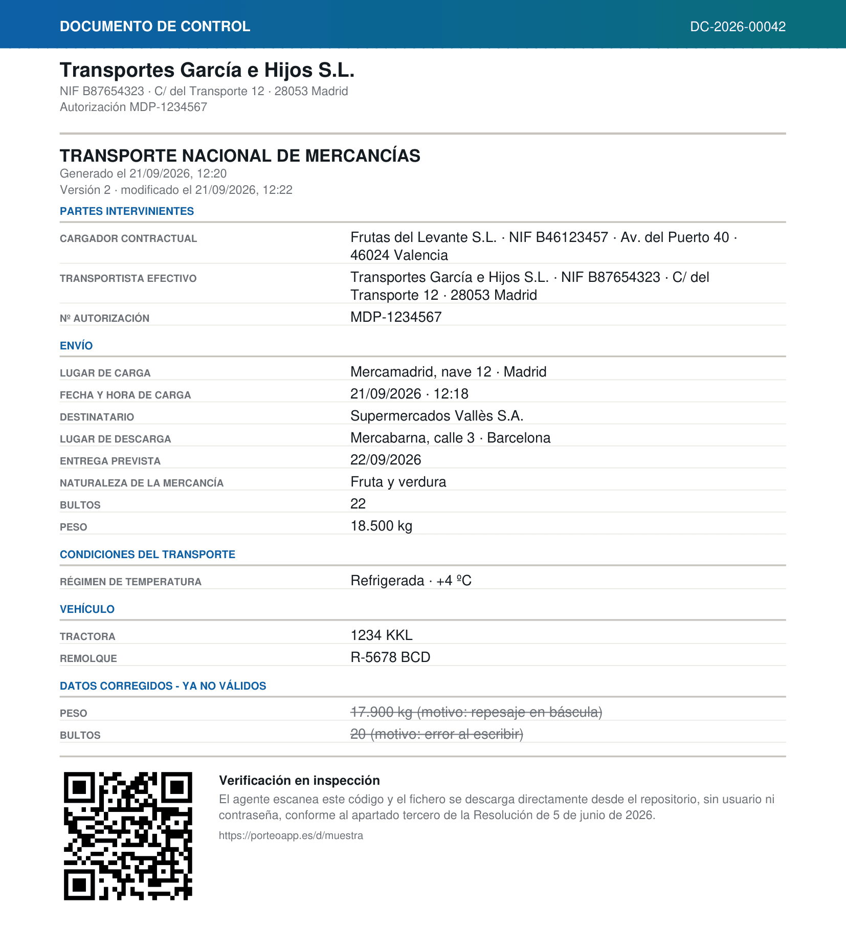 Documento de control DC-2026-00042 en PDF: partes, envío, mercancía, vehículo, datos corregidos tachados y código QR